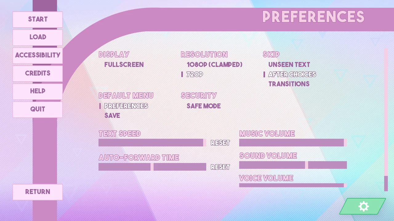 Custom preferences panel with added sections: Resolution, Default Menu, Security